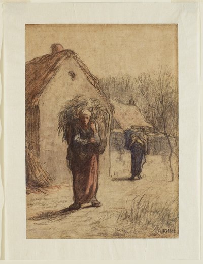 Vrouwen die Gedroogd Gras Dragen bij de Ingang van een Dorp, 1850s door Jean Francois Millet